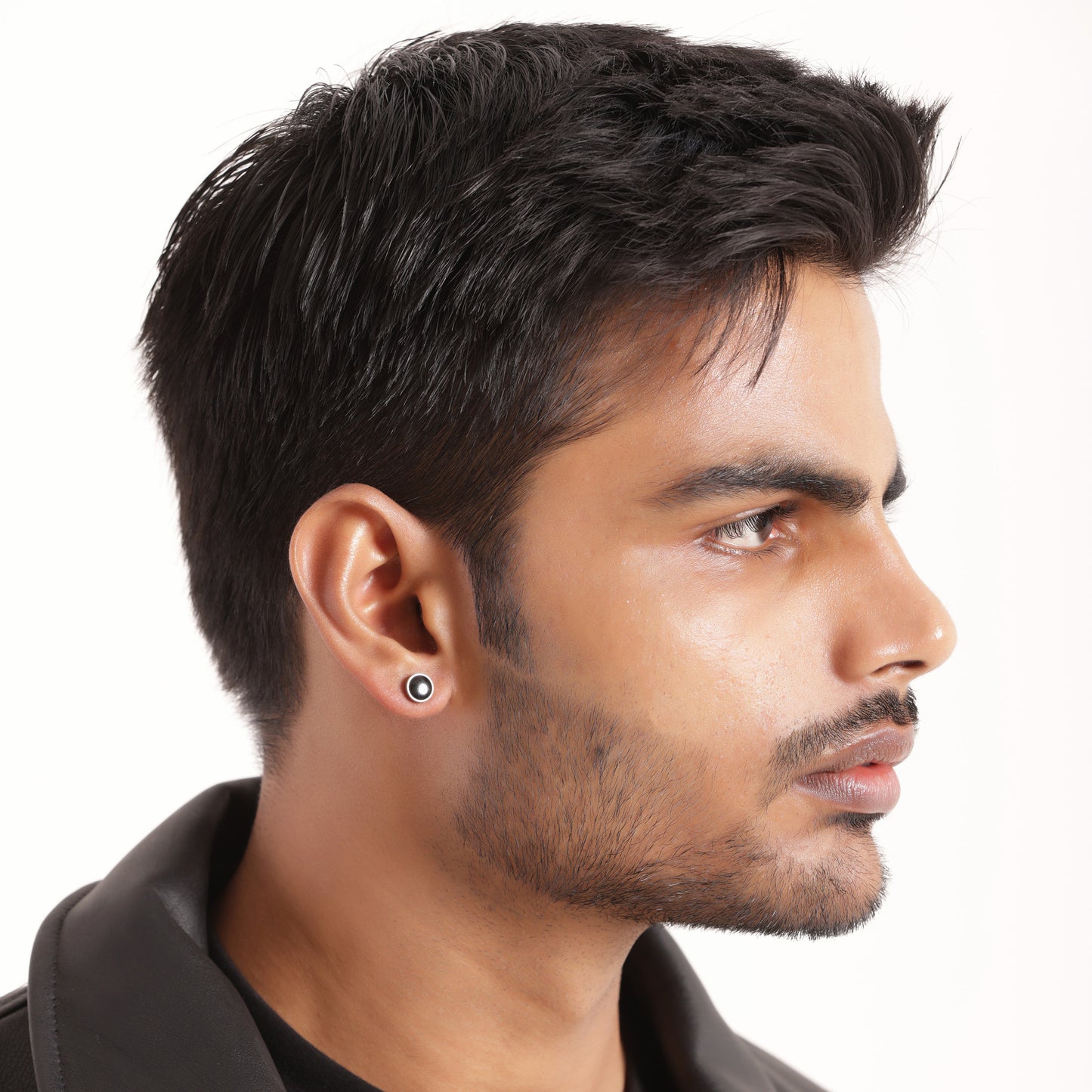 Black Round Silver Stud Earrings