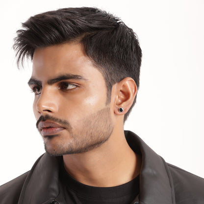 Black Round Silver Stud Earrings