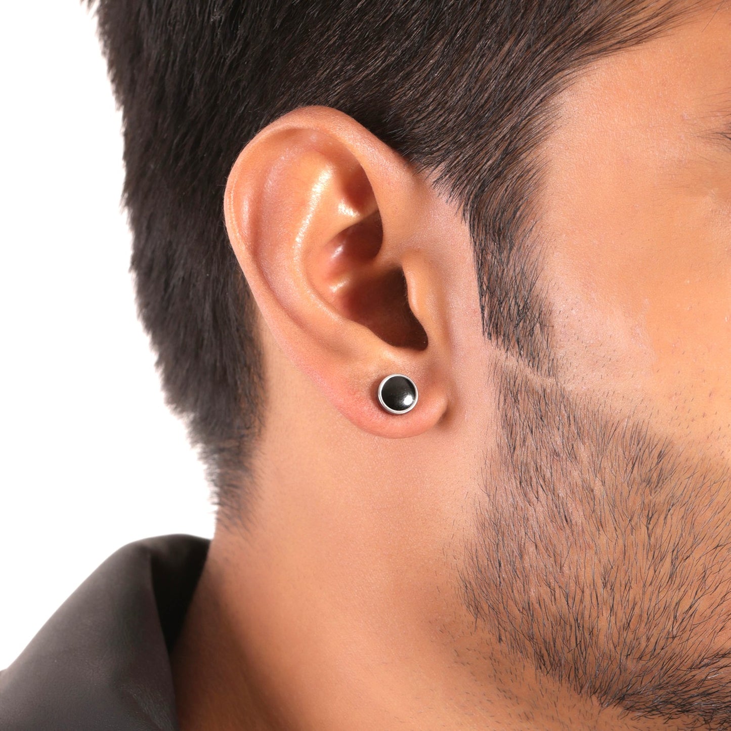 Black Round Silver Stud Earrings