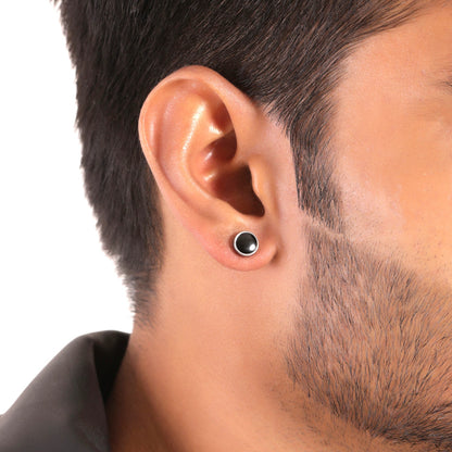 Black Round Silver Stud Earrings