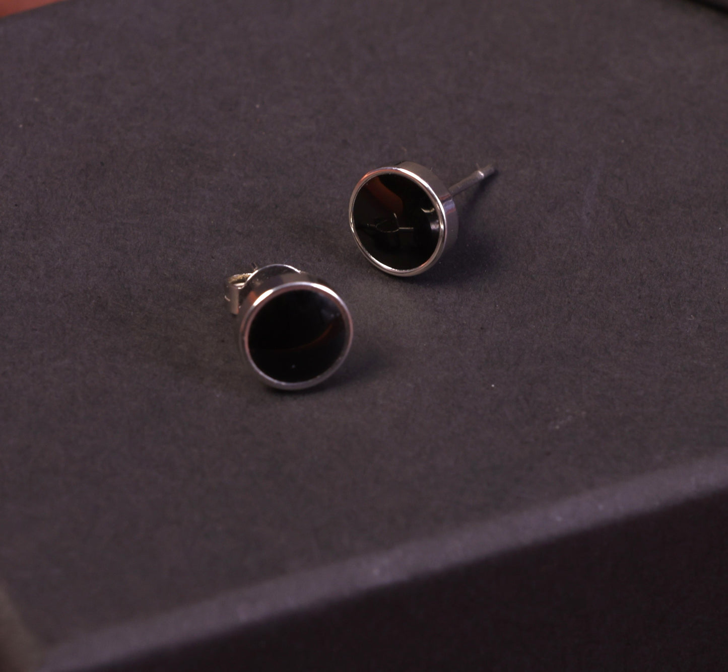 Black Round Silver Stud Earrings