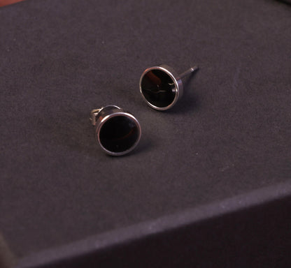 Black Round Silver Stud Earrings