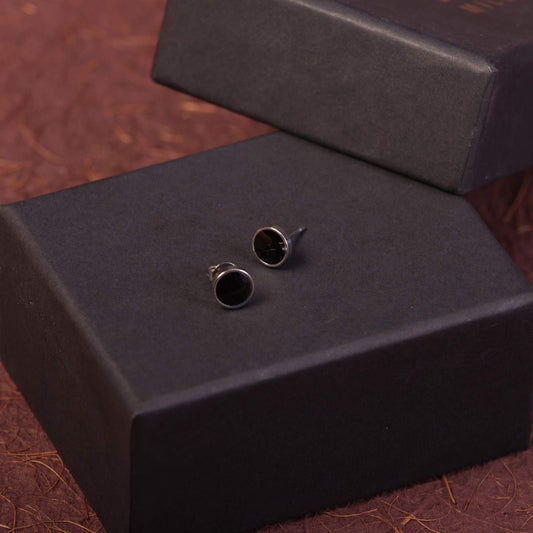 Black Round Silver Stud Earrings
